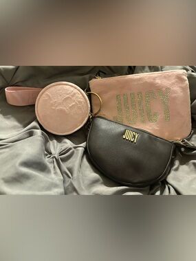 Juicy Couture Pink & Black 3-Piece Wristlet Pouch Set with Gold Hardware